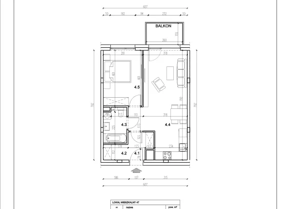 Rzut - Mieszkanie na sprzedaż 2 pokoje o powierzchni 45,64 m² - numer 47 w Łużycka 71