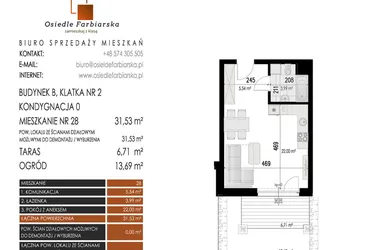 Rzut - Mieszkanie na sprzedaż 1 pokój o powierzchni 31,53 m² - numer 28B w Osiedle Farbiarska II