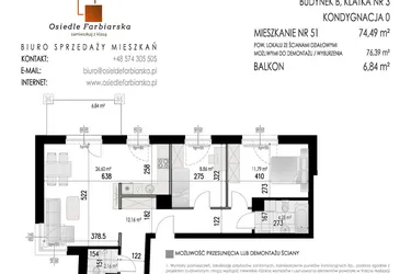 Rzut - Mieszkanie na sprzedaż 4 pokoje o powierzchni 74,49 m² - numer 51B w Osiedle Farbiarska II