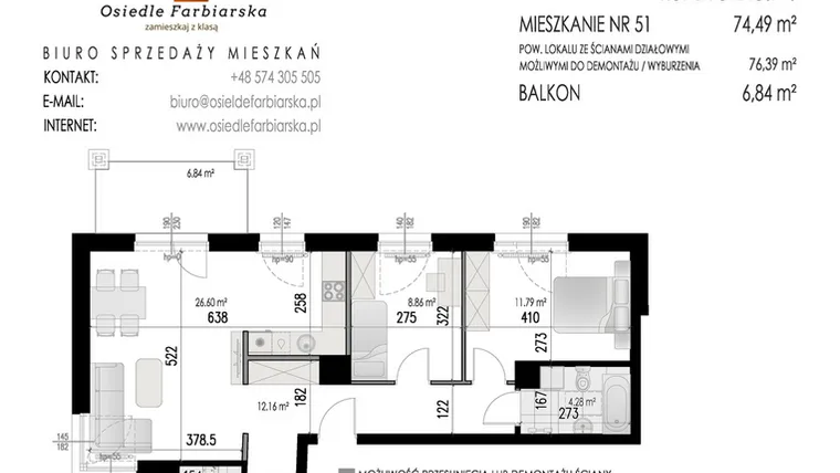 Rzut - Mieszkanie na sprzedaż 4 pokoje o powierzchni 74,49 m² - numer 51B w Osiedle Farbiarska II