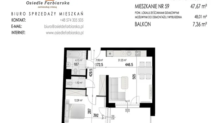 Rzut - Mieszkanie na sprzedaż 2 pokoje o powierzchni 47,67 m² - numer 59B w Osiedle Farbiarska II