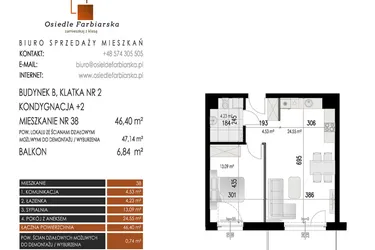 Rzut - Mieszkanie na sprzedaż 2 pokoje o powierzchni 46,4 m² - numer 38B w Osiedle Farbiarska II