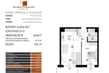 Rzut - Mieszkanie na sprzedaż 2 pokoje o powierzchni 46,4 m² - numer 39B w Osiedle Farbiarska II
