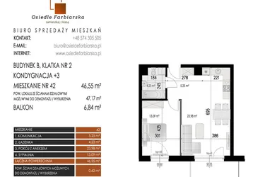 Rzut - Mieszkanie na sprzedaż 2 pokoje o powierzchni 46,55 m² - numer 42B w Osiedle Farbiarska II