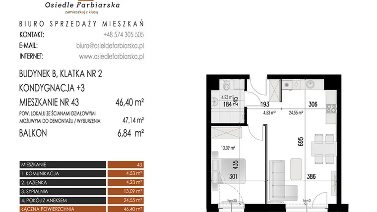 Rzut - Mieszkanie na sprzedaż 2 pokoje o powierzchni 46,4 m² - numer 43B w Osiedle Farbiarska II