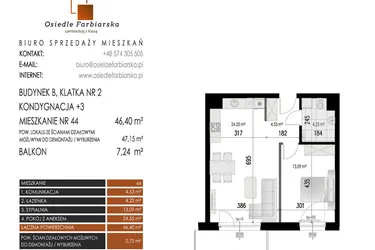 Rzut - Mieszkanie na sprzedaż 2 pokoje o powierzchni 46,4 m² - numer 44B w Osiedle Farbiarska II