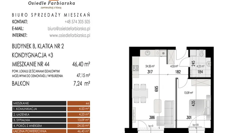 Rzut - Mieszkanie na sprzedaż 2 pokoje o powierzchni 46,4 m² - numer 44B w Osiedle Farbiarska II