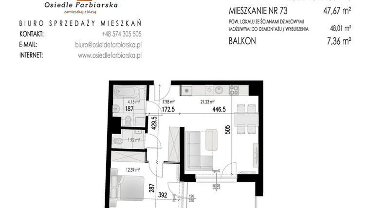 Rzut - Mieszkanie na sprzedaż 2 pokoje o powierzchni 47,67 m² - numer 73B w Osiedle Farbiarska II