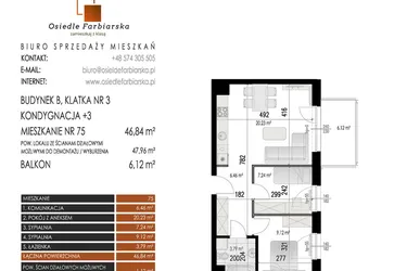 Rzut - Mieszkanie na sprzedaż 3 pokoje o powierzchni 46,84 m² - numer 75B w Osiedle Farbiarska II
