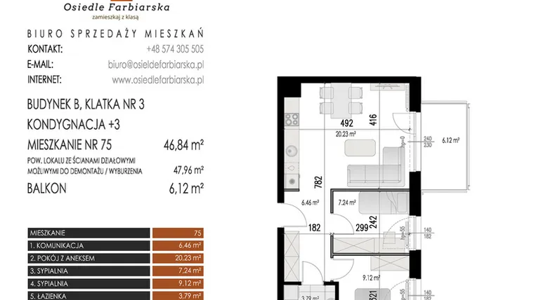 Rzut - Mieszkanie na sprzedaż 3 pokoje o powierzchni 46,84 m² - numer 75B w Osiedle Farbiarska II