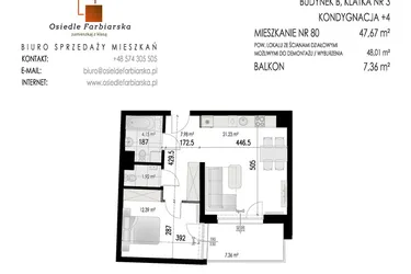 Rzut - Mieszkanie na sprzedaż 2 pokoje o powierzchni 47,67 m² - numer 80B w Osiedle Farbiarska II