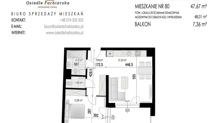 Rzut - Mieszkanie na sprzedaż 2 pokoje o powierzchni 47,67 m² - numer 80B w Osiedle Farbiarska II