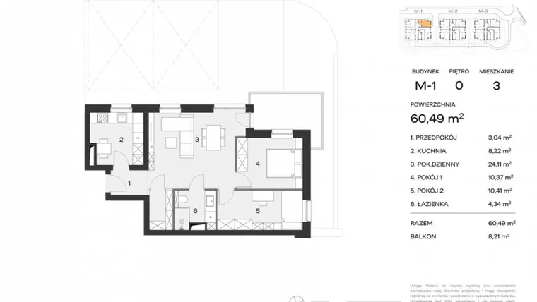 Rzut - Mieszkanie na sprzedaż 3 pokoje o powierzchni 60,49 m² - numer M1.0.03 w Nowy Standard