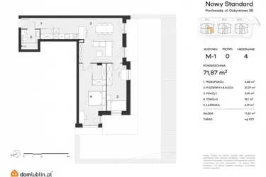 Rzut - Mieszkanie na sprzedaż 3 pokoje o powierzchni 71,87 m² - numer M1.0.04 w Nowy Standard
