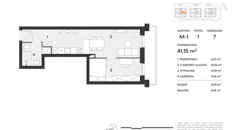 Rzut - Mieszkanie na sprzedaż 2 pokoje o powierzchni 41,15 m² - numer M1.1.07 w Nowy Standard