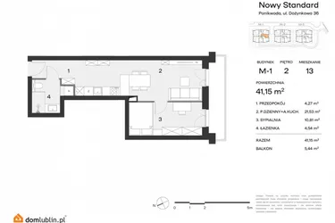 Rzut - Mieszkanie na sprzedaż 2 pokoje o powierzchni 41,15 m² - numer M1.2.13 w Nowy Standard