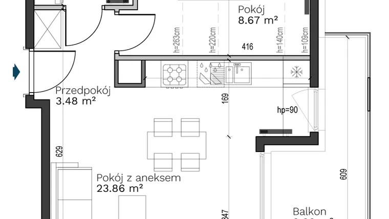 Rzut - Mieszkanie na sprzedaż 2 pokoje o powierzchni 40,45 m² - numer A-22 w Destino
