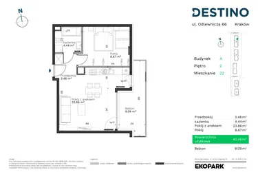 Rzut - Mieszkanie na sprzedaż 2 pokoje o powierzchni 40,45 m² - numer A-22 w Destino