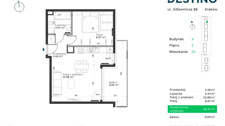 Rzut - Mieszkanie na sprzedaż 2 pokoje o powierzchni 40,45 m² - numer A-22 w Destino
