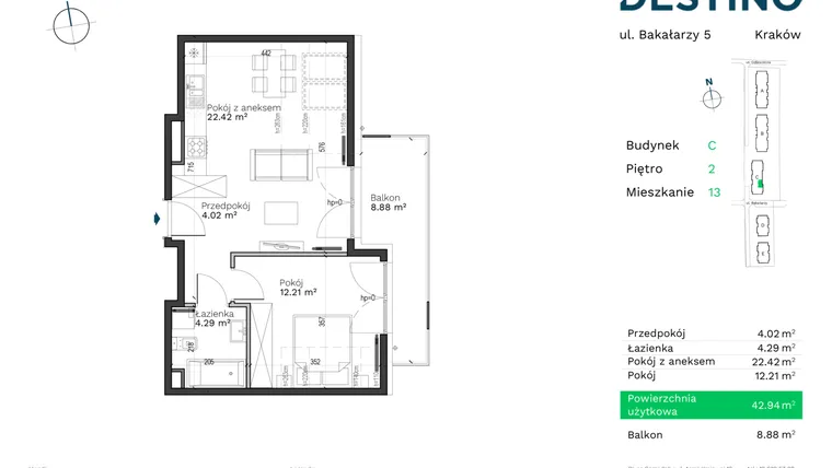 Rzut - Mieszkanie na sprzedaż 2 pokoje o powierzchni 42,94 m² - numer C-13 w Destino