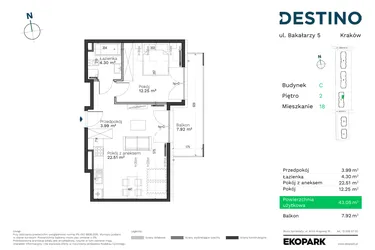 Rzut - Mieszkanie na sprzedaż 2 pokoje o powierzchni 43,05 m² - numer C-18 w Destino