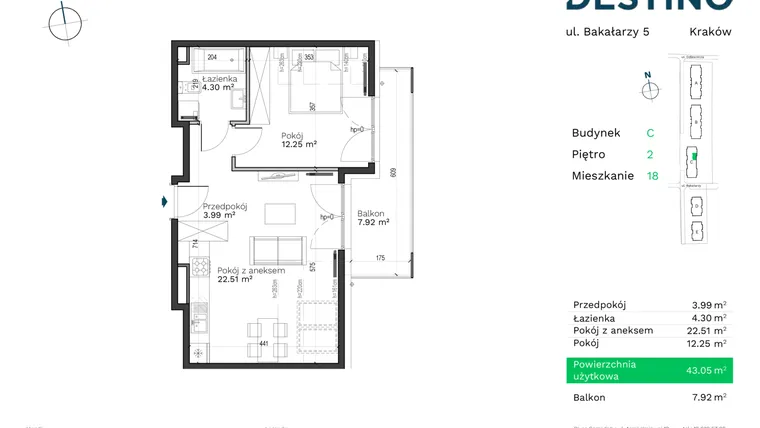 Rzut - Mieszkanie na sprzedaż 2 pokoje o powierzchni 43,05 m² - numer C-18 w Destino