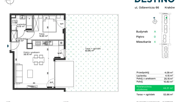 Rzut - Mieszkanie na sprzedaż 2 pokoje o powierzchni 44,31 m² - numer A-4 w Destino