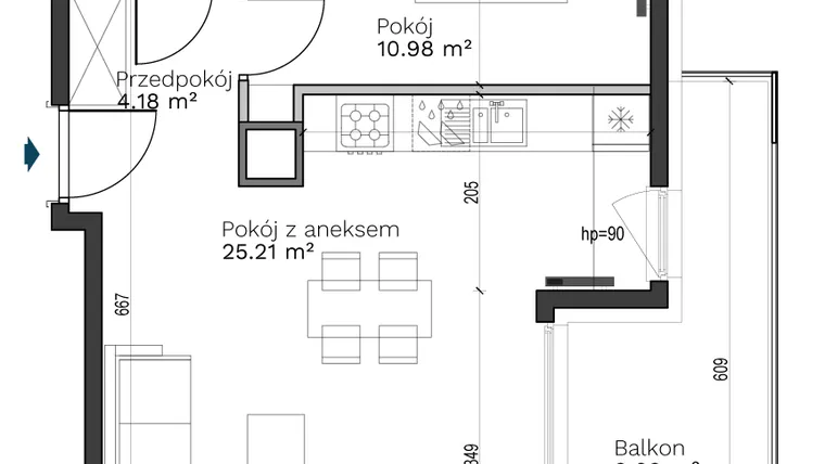 Rzut - Mieszkanie na sprzedaż 2 pokoje o powierzchni 44,54 m² - numer A-13 w Destino