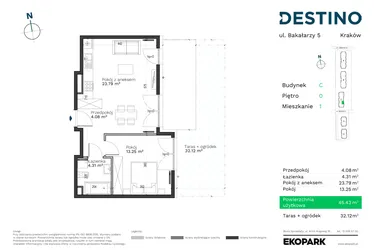 Rzut - Mieszkanie na sprzedaż 2 pokoje o powierzchni 45,43 m² - numer C-1 w Destino