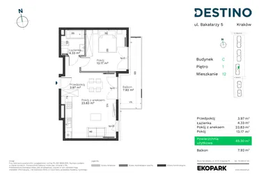 Rzut - Mieszkanie na sprzedaż 2 pokoje o powierzchni 45,3 m² - numer C-12 w Destino