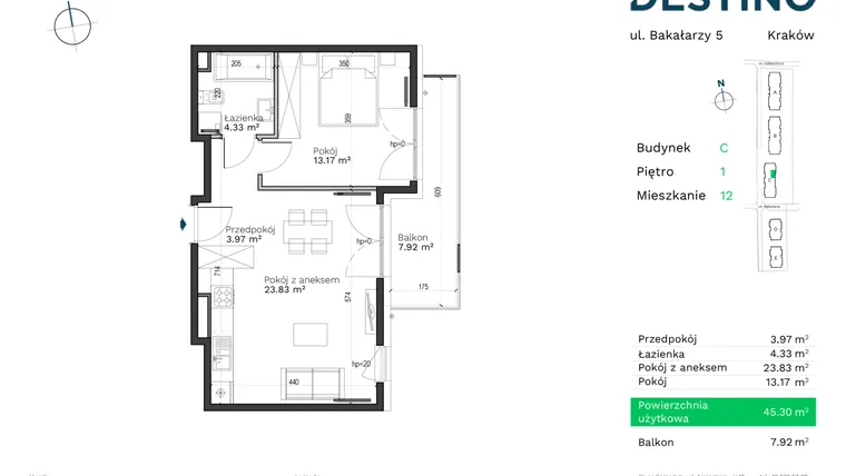 Rzut - Mieszkanie na sprzedaż 2 pokoje o powierzchni 45,3 m² - numer C-12 w Destino