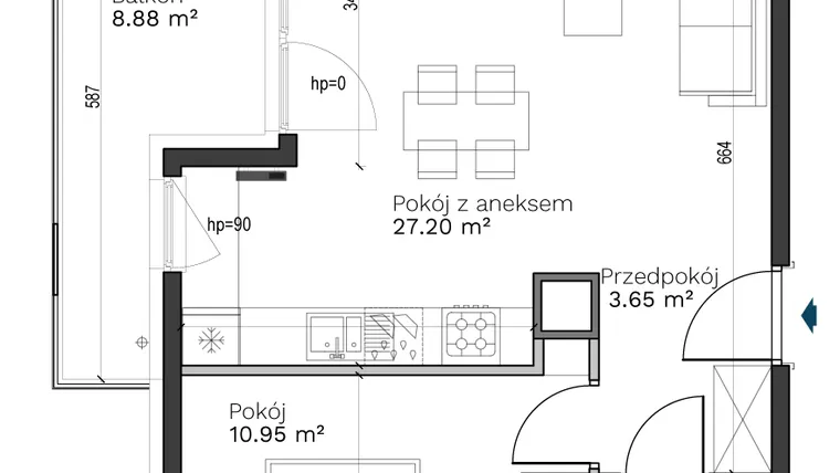 Rzut - Mieszkanie na sprzedaż 2 pokoje o powierzchni 45,97 m² - numer A-18 w Destino