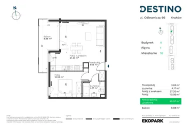 Rzut - Mieszkanie na sprzedaż 2 pokoje o powierzchni 45,97 m² - numer A-18 w Destino