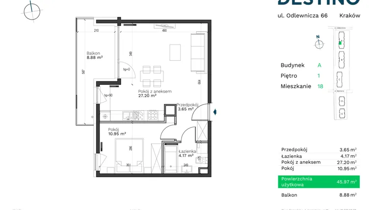 Rzut - Mieszkanie na sprzedaż 2 pokoje o powierzchni 45,97 m² - numer A-18 w Destino