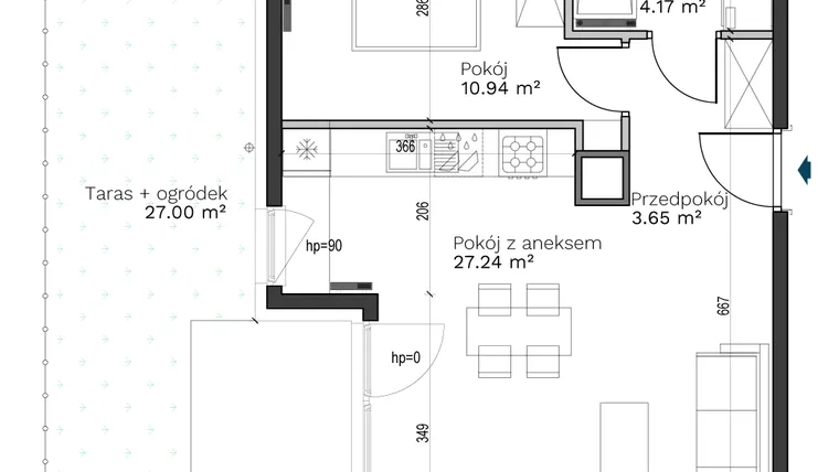 Rzut - Mieszkanie na sprzedaż 2 pokoje o powierzchni 46 m² - numer B-1 w Destino
