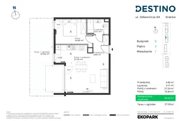 Rzut - Mieszkanie na sprzedaż 2 pokoje o powierzchni 46 m² - numer B-1 w Destino