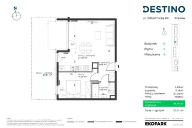 Rzut - Mieszkanie na sprzedaż 2 pokoje o powierzchni 46,19 m² - numer B-9 w Destino