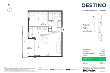 Rzut - Mieszkanie na sprzedaż 2 pokoje o powierzchni 45,91 m² - numer B-10 w Destino