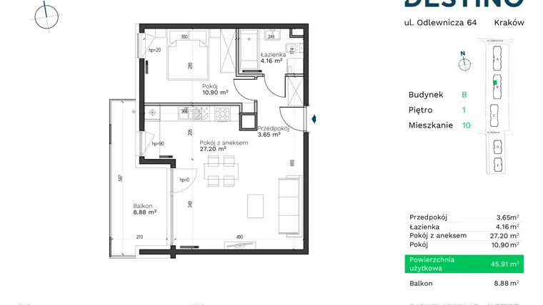Rzut - Mieszkanie na sprzedaż 2 pokoje o powierzchni 45,91 m² - numer B-10 w Destino