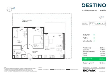 Rzut - Mieszkanie na sprzedaż 3 pokoje o powierzchni 55,37 m² - numer B-2 w Destino
