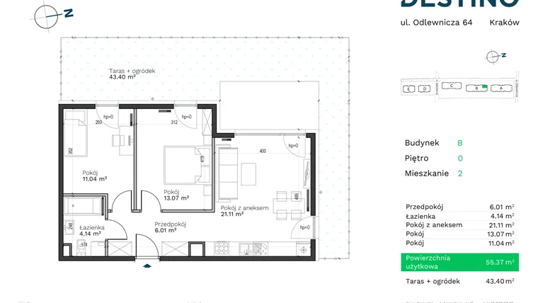 Rzut - Mieszkanie na sprzedaż 3 pokoje o powierzchni 55,37 m² - numer B-2 w Destino