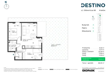 Rzut - Mieszkanie na sprzedaż 3 pokoje o powierzchni 55,64 m² - numer A-3 w Destino