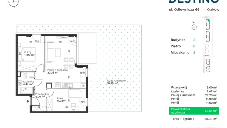 Rzut - Mieszkanie na sprzedaż 3 pokoje o powierzchni 55,64 m² - numer A-3 w Destino