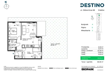Rzut - Mieszkanie na sprzedaż 3 pokoje o powierzchni 55,64 m² - numer A-3 w Destino
