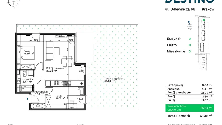 Rzut - Mieszkanie na sprzedaż 3 pokoje o powierzchni 55,64 m² - numer A-3 w Destino