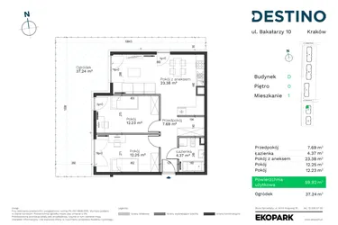 Rzut - Mieszkanie na sprzedaż 3 pokoje o powierzchni 59,92 m² - numer D-1 w Destino