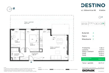 Rzut - Mieszkanie na sprzedaż 3 pokoje o powierzchni 63,61 m² - numer A-2 w Destino