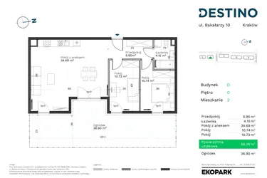 Rzut - Mieszkanie na sprzedaż 3 pokoje o powierzchni 66,26 m² - numer D-2 w Destino