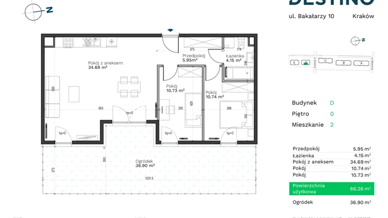 Rzut - Mieszkanie na sprzedaż 3 pokoje o powierzchni 66,26 m² - numer D-2 w Destino