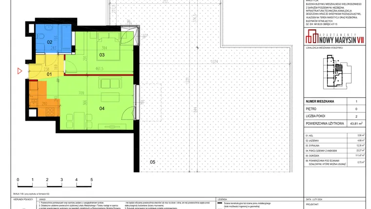 Rzut - Mieszkanie na sprzedaż 2 pokoje o powierzchni 43,81 m² - numer 1 w Apartamenty Nowy Marysin VII